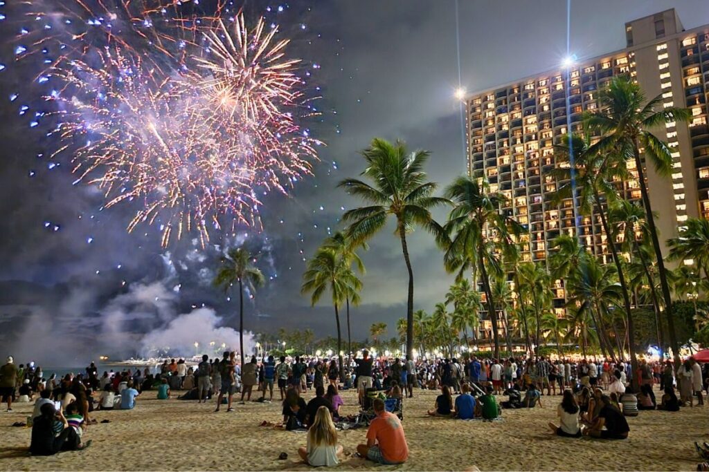 Hilton Hawaiian Village Waikiki Fireworks View from Waikiki Beach